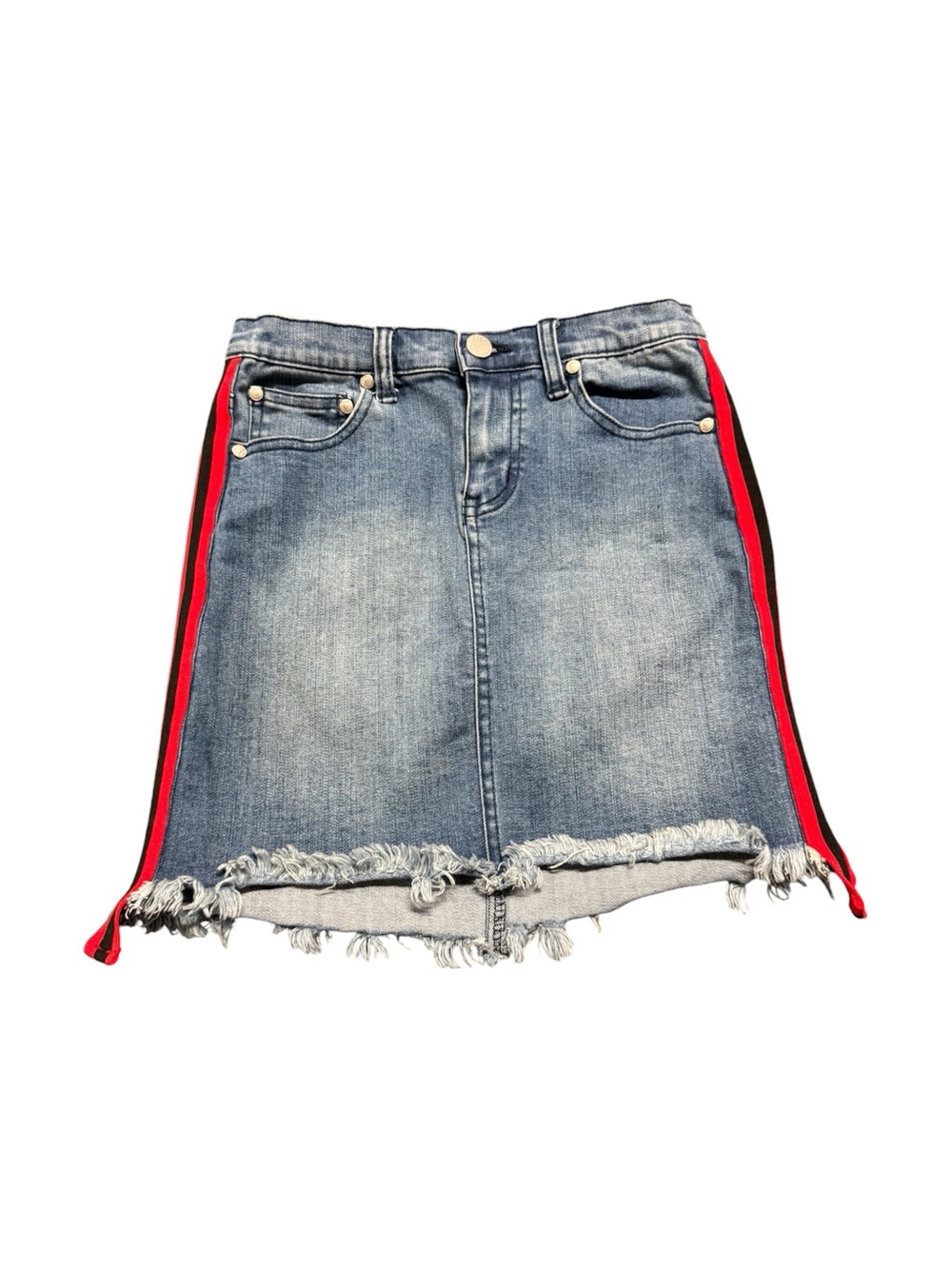 Pinc Girls Size 12 Denim Skirt Raw Hem Red Black Side Stripe Jean Skirt